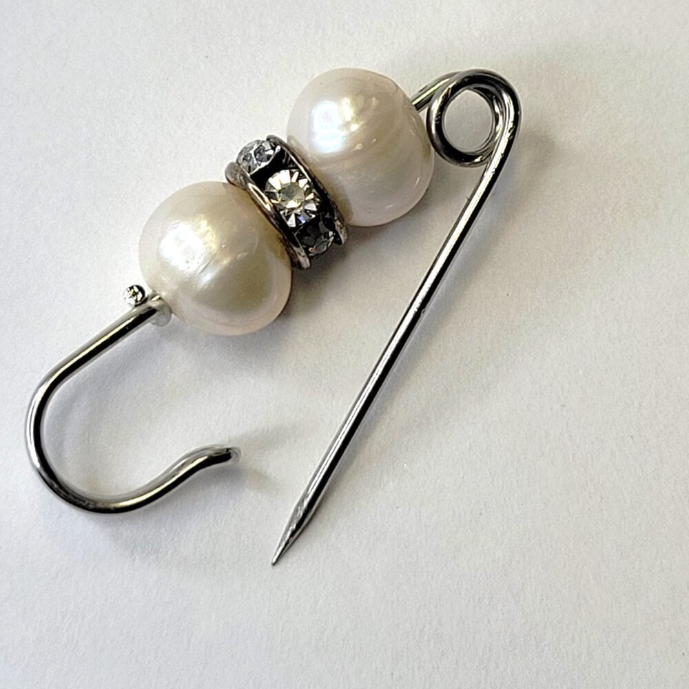 Safety Pin Brooch White Pearls & Rhinestones Safety Pin Brooch